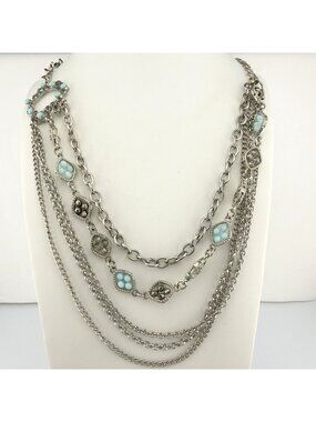Lia Sophia Multi Strand Necklace Faux Turquoise Silver Tone Layered Statement